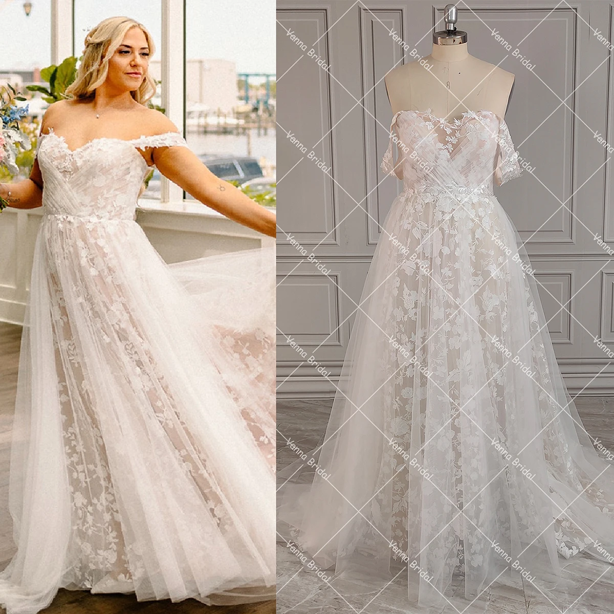 Romantische Kant Sweetheart Echte Foto's Trouwjurk Off Schouder Hoge Split Cross Zachte Tule Aangepaste Big Size Bruidsjurken