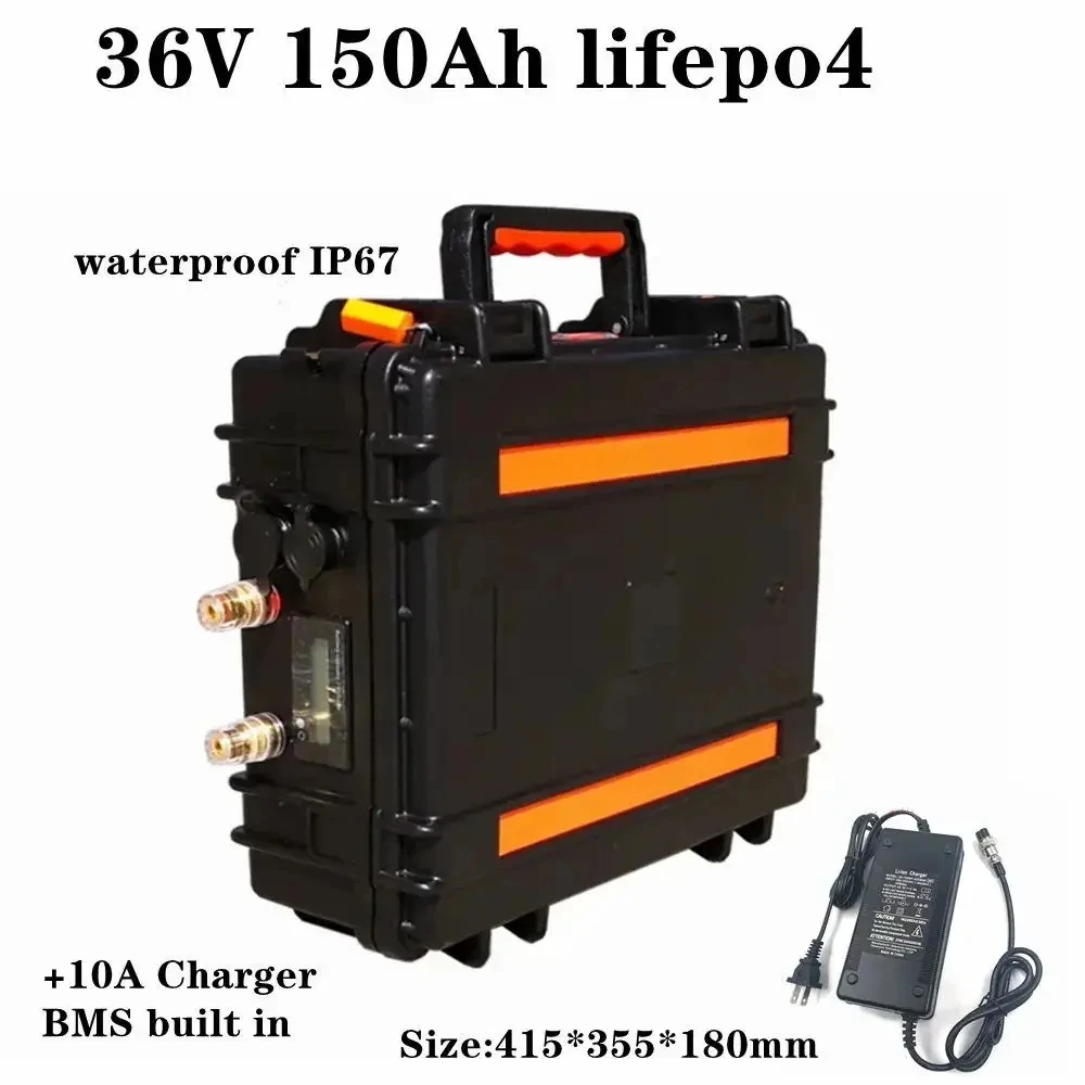 Lifepo4 36v 150Ah Lithium Iron Phosphate LFP soalr battery BMS built in for boat motor RV inverter waterproof case + 10A charger