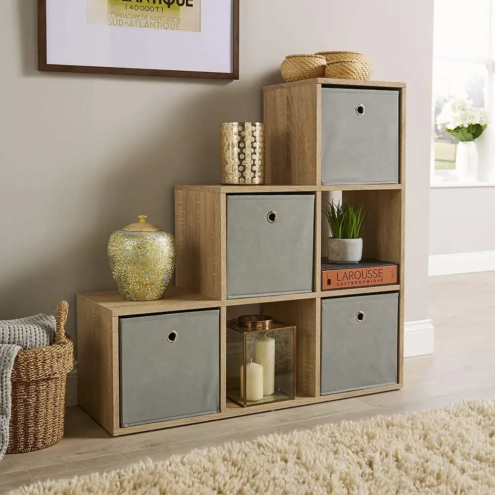 Cubo de almacenamiento estilo paso, librería de 6 estantes, roble de madera
