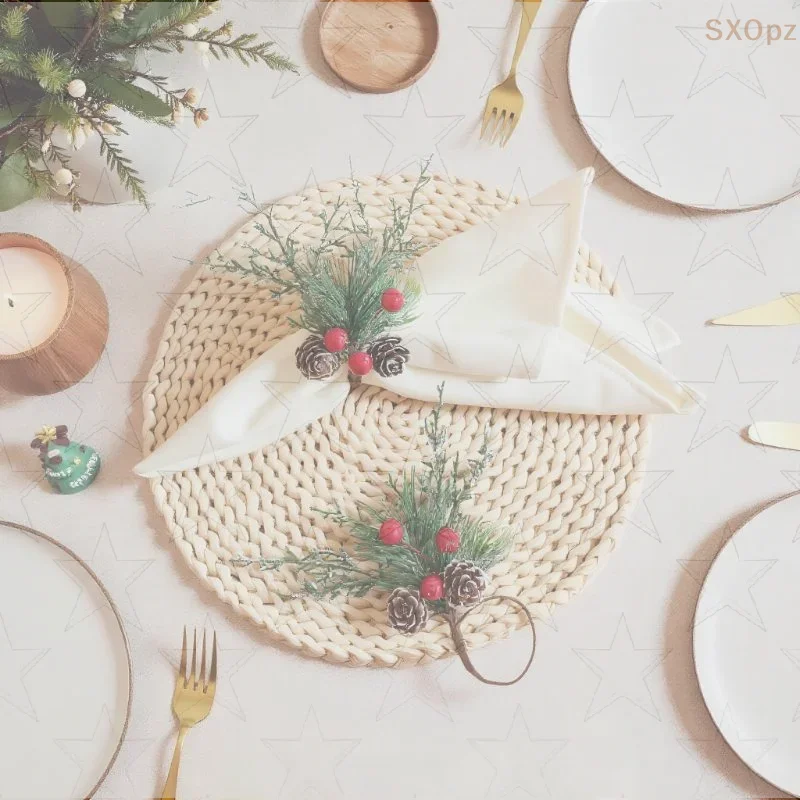 Christmas Cedar Jute Lace Napkin Rings Set Handmade Craft Tableware For Holiday Party Dinner New Year Decorations
