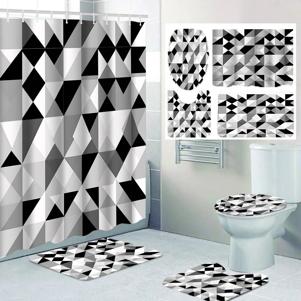 1/4 ستائر دش مطبوعة هندسية باللونين الأبيض والأسود، ديكور مقعد المرحاض، ستارة دش مع سجادة وغطاء للمرحاض، 70.8 × 70.8 #1