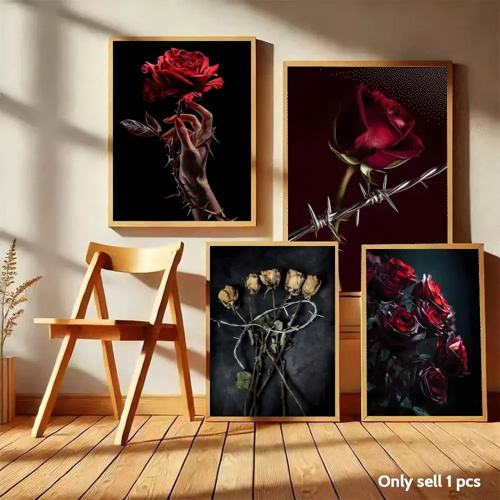 Red Rose and Barbed Wire Poster HD Self-Adhesive Wall Stickers Mural Painting｜Decals for Bedroom & Living Room｜Home Decor Gift