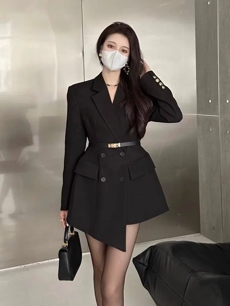 Veste de costume longue noire à la mode pour femme, coupe couvertes en métal, double boutonnage, veste irrégulière, veste de bureau décontractée,