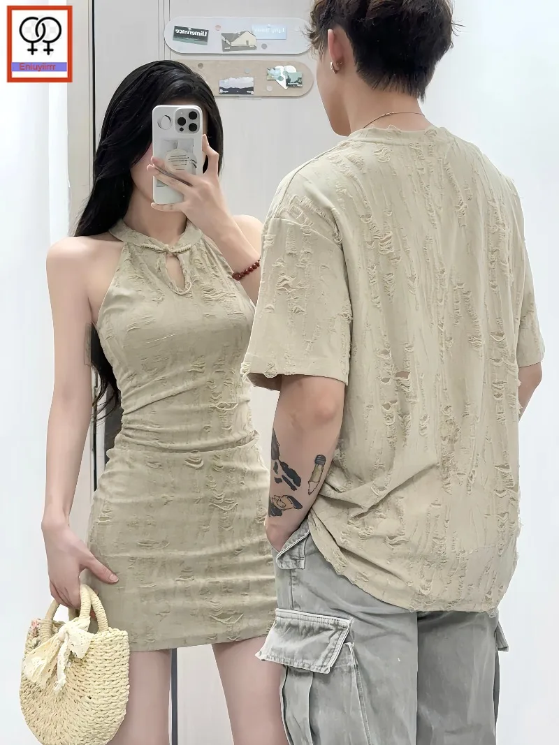 Matching Couple Clothes Outfits Male Female Lovers Holiday Valentine's Date Honeymoon Retro Vintage Cotton T-Shirt Dress