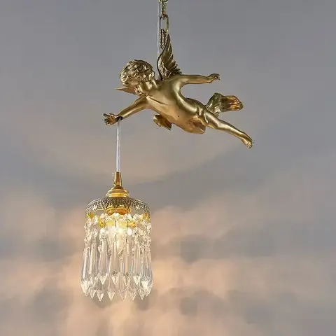 APRIL French Brass cherub Chandelier American Retro Restaurant Bedroom Cloakroom Entrance Hotel Cafe Aisle Pendant Lamp