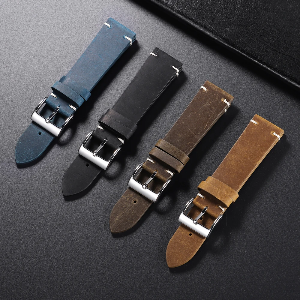 18mm 20mm 21mm 22mm Öl-Wachs-Leder-Uhrenarmband Braun Weiches Vintage-Armband für Herren Handgefertigtes Genähtes Rindslederband für Omega-Uhren – Detail 5