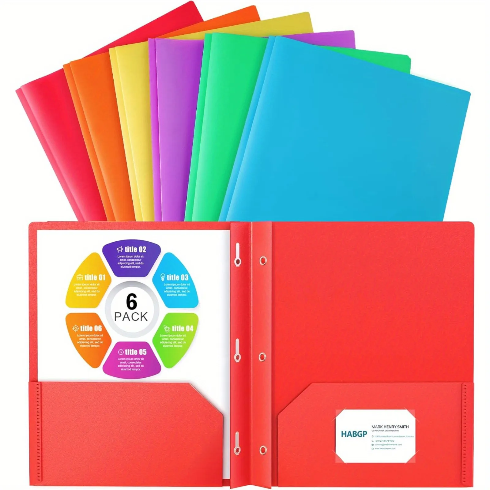 12 Folders with Pockets and Prongs, 2 Pocket 3 Prong Folders with Business Card Holder, Plastic Heavy Duty File Folders