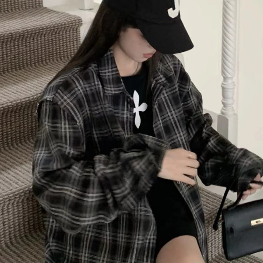 

plus Size Women's Casual Plaid irt Spring New Design Loose Fit Bat Sve Korean Sle Office Wear for All Body pes