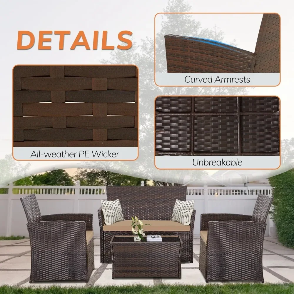 4 Pcs Patio Furniture Set,Outdoor Wicker Conversation Sets,Rattan Sectional Sofa w/Coffee Table,Seat Cushions for Backyard Porch