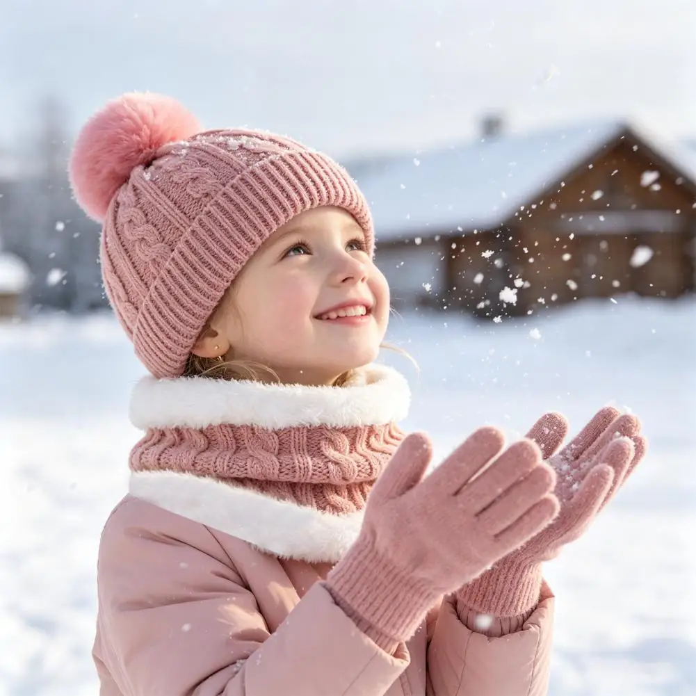 Elastic Knit Winter Hat Scarf Kids Winter Knit Set with Bear Ear Hat Fleece Lined Neck Gaiter Full Finger Gloves – for Boys