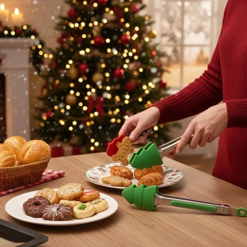 Stainless Steel Silicone Christmas Food Tongs Set Durable Non Slip Kitchen Tools with Gingerbread Snowman Design for Cooking