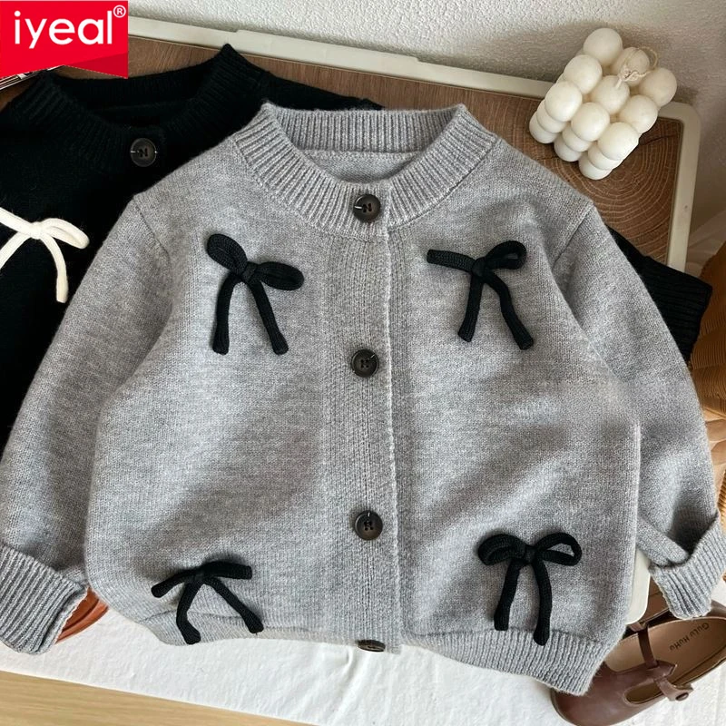 

IYEAL Spring And Autumn Kids Girls Clothing Sweater Cardigan Jacket Baby Girl Korean Version Bow Fashionable Knitted Sweater