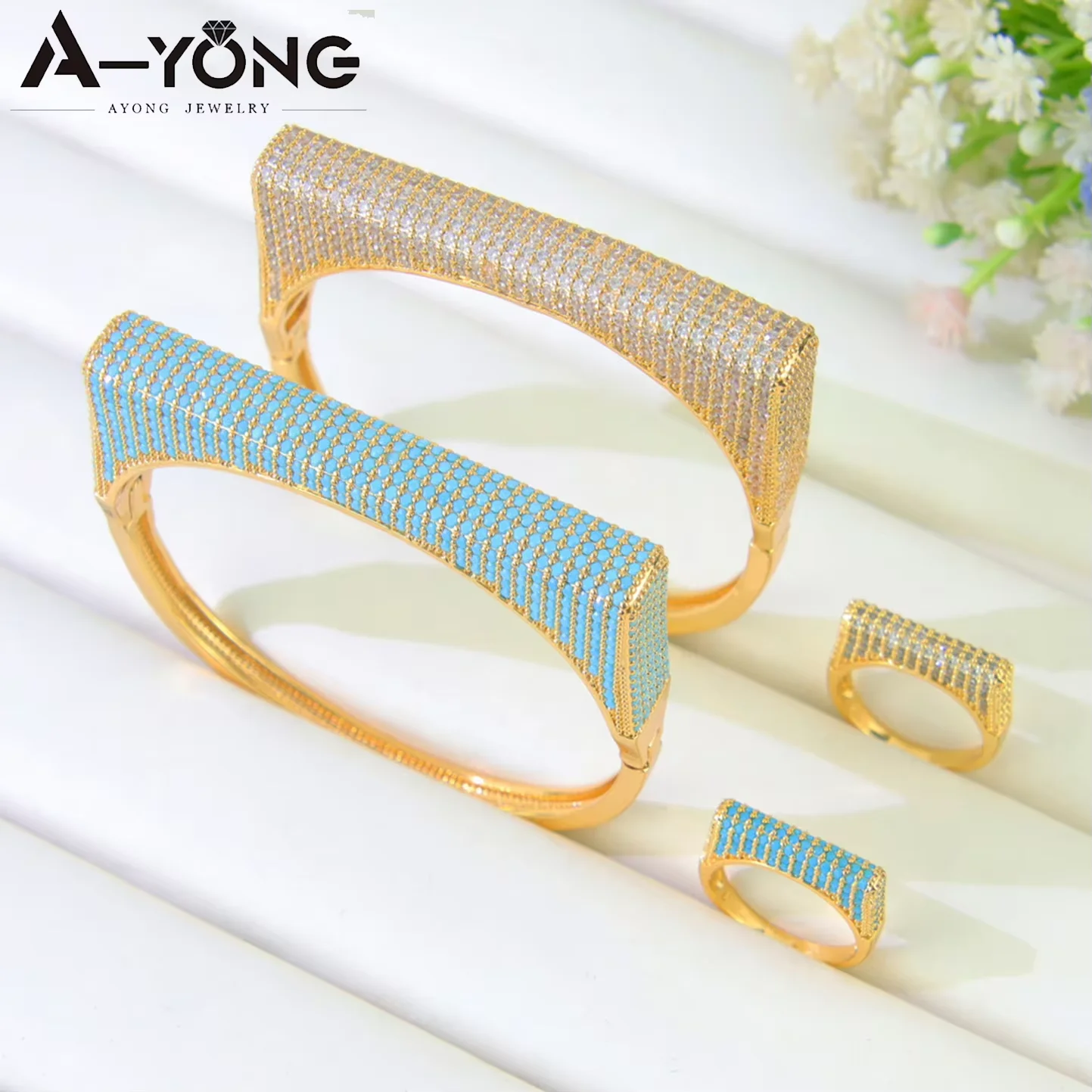 

Middle Eastern Gold Jewelry Bangles Rings Set 21k Gold Plated Zirconia Noble Bracelet Dubai Nigeria Women Wedding Jewelrys