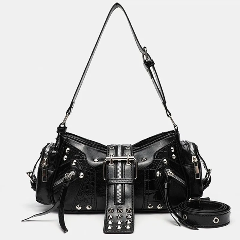 Y2k Punk Vintage Shoulder Purse Women Leather Gothic Rivet Handbag