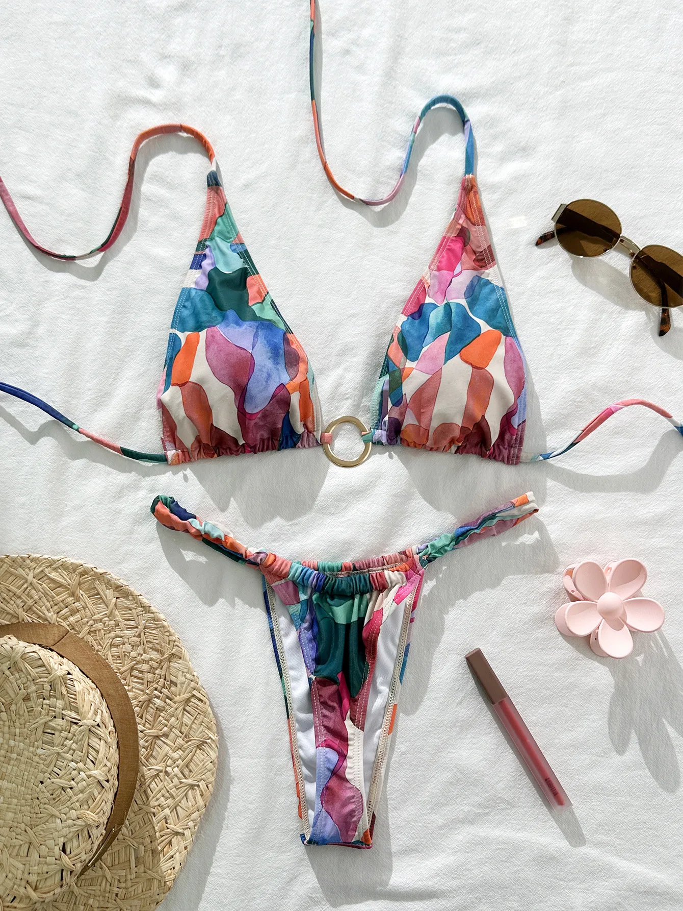 sexy multi color print metal ring bikinis sets two pieces halter back tie thong swimsuits bathing suit swimwear biquini tankini