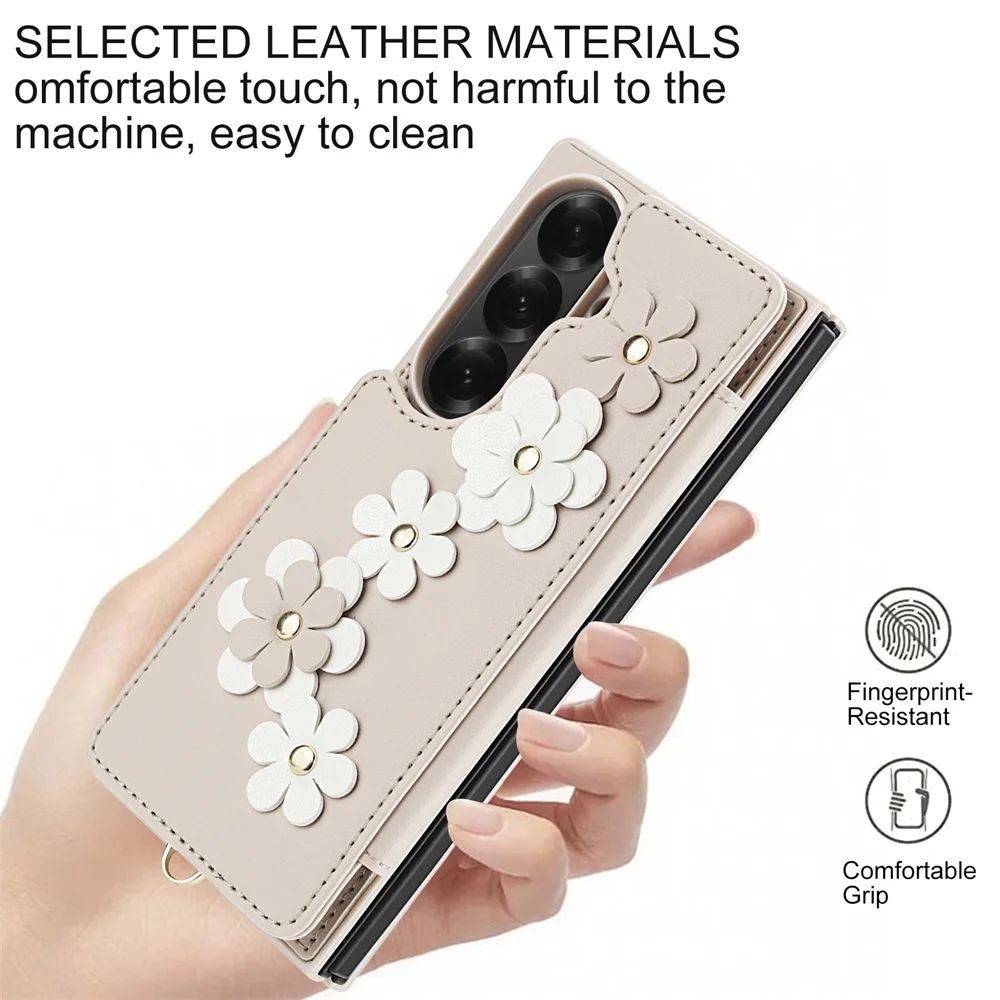 Casing Ponsel Dompet untuk Samsung Galaxy Z Lipat 7 6 5 4 Penutup Saku Kartu Kulit PU dengan Tali Leher Gelang Tangan Biji Leci Retro