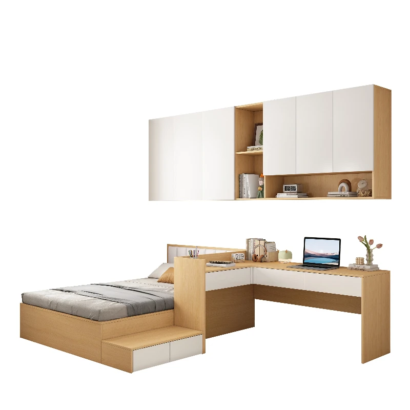 

soft packed tatami bed, corner desk, writing table, integrated hanging cabinet for storage