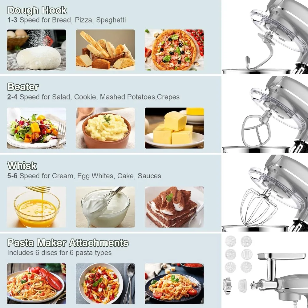 Multifuncional Elétrica Misturador De Cozinha, 6 em 1, 6.5QT, Tigela De Aço Inoxidável, 1.5L Frasco De Vidro, Moedor De Carne, Gancho De Massa, Whisk