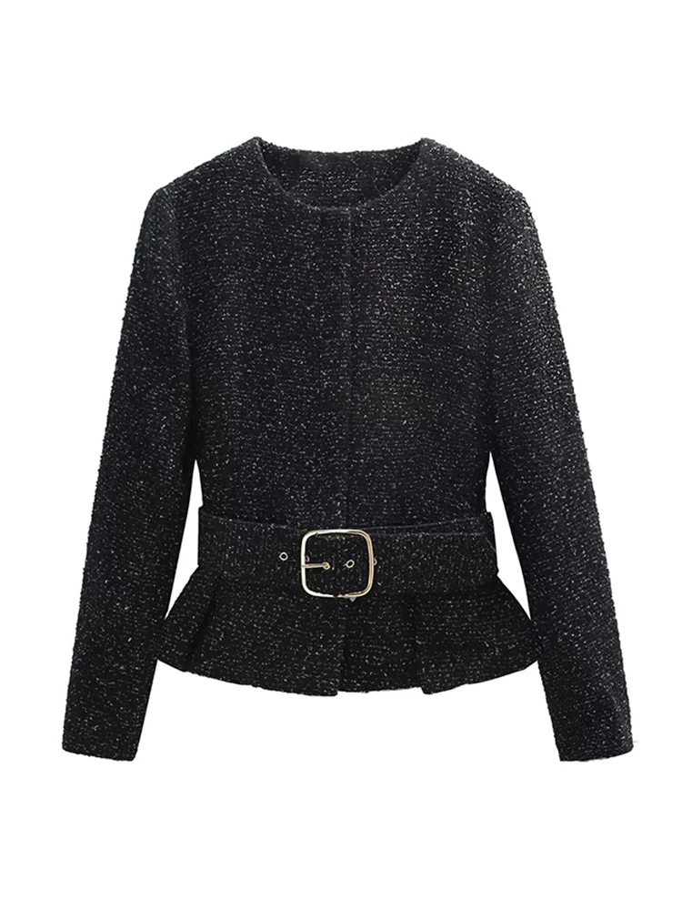 2025 Autumn Winter Women's Shorts Skirts Set Fashion Elegant Round Neck Jacket Chic Sashes Coat Commuting Texture Outfits