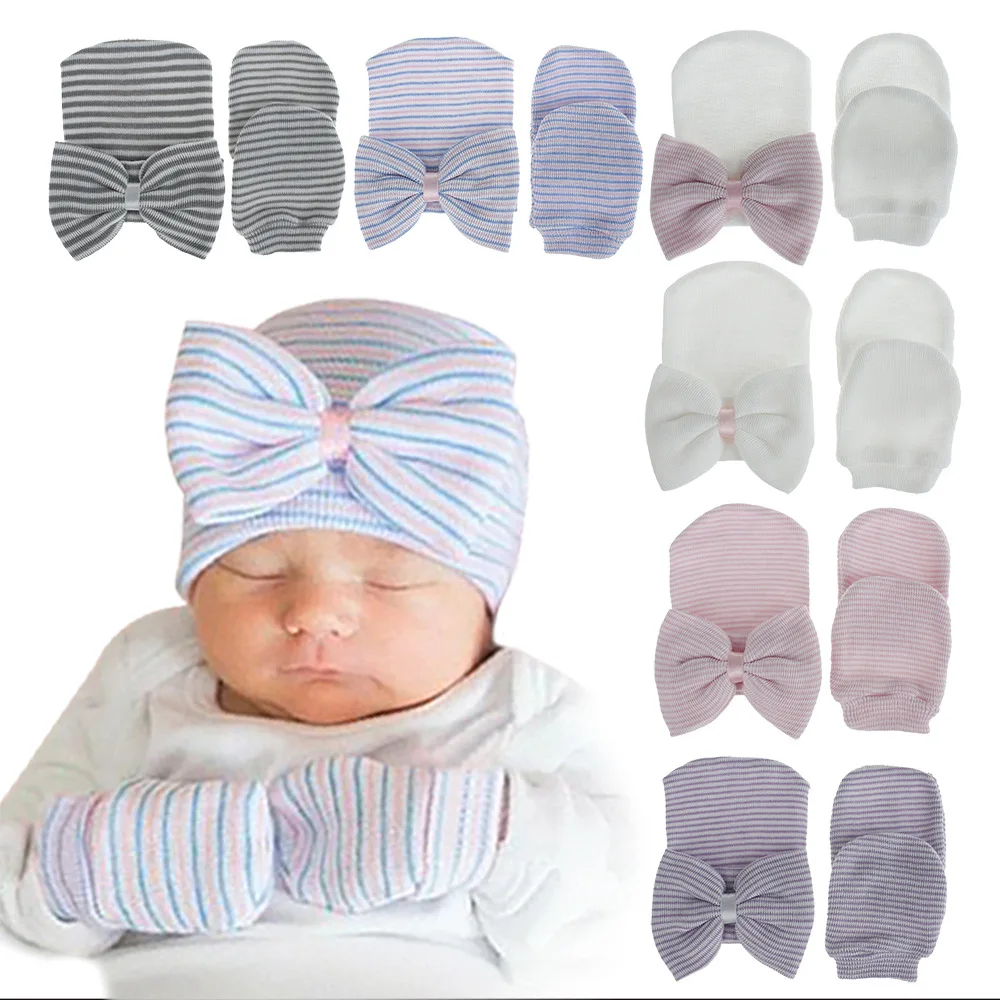 

1set Baby Hat and Gloves Cute Bow Striped 0-3 Month knitted Caps Skullies Beanies Pullover hats spring autumn cute Accessories