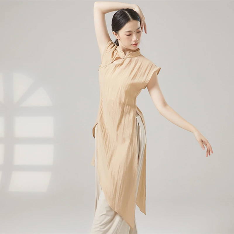 Classical Dance Costumes Women Vintage Qipao Collar Hanfu Tops Long Dress Short Sleeve Shirt Irregular Hem Performance Clothes
