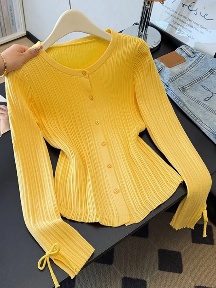 

Осенний вязаный кардиган с длинными рукавами, однотонный облегающий топ с круглым вырезом для женщин, универсальный корейский свитер для поездок на работу