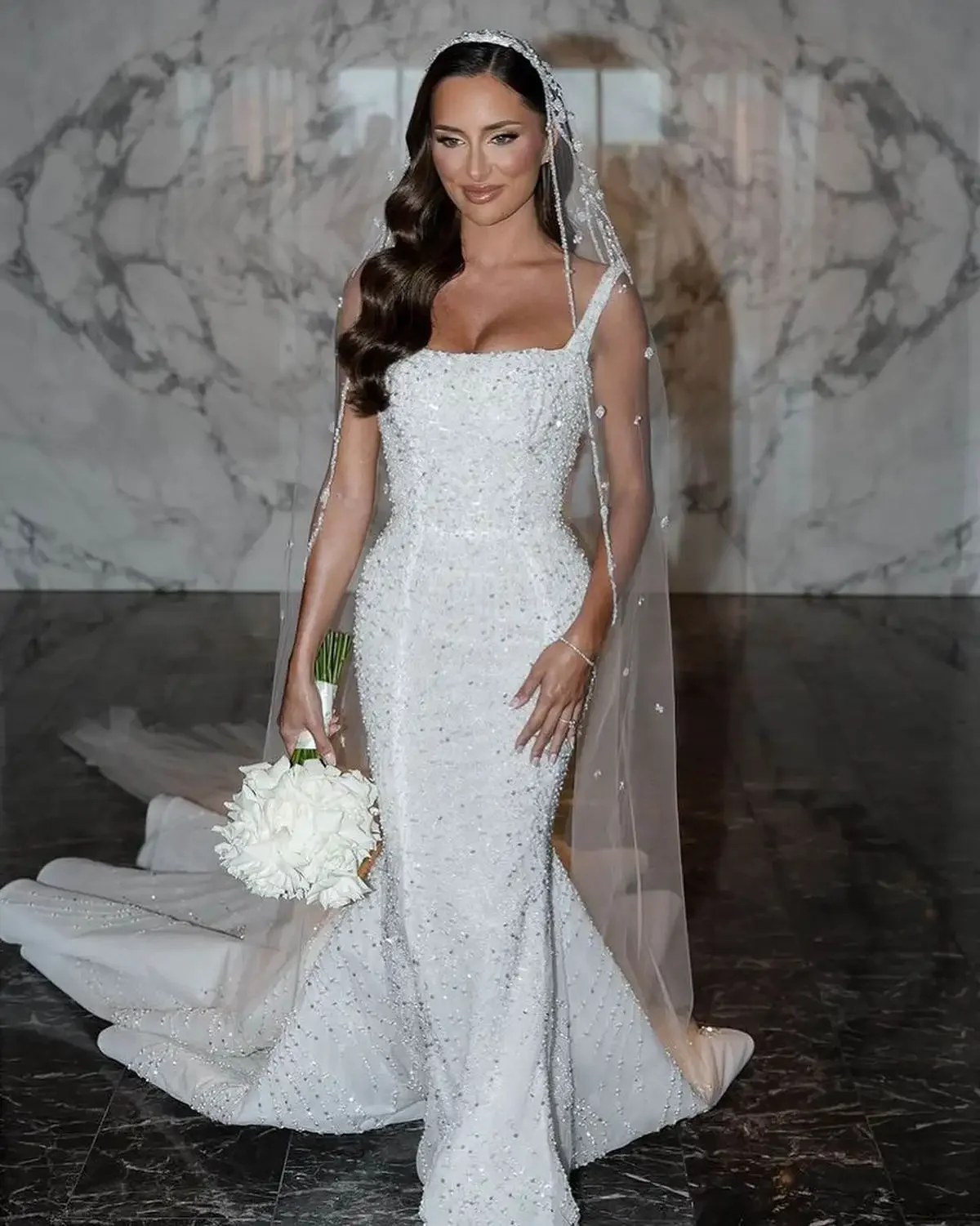 

Flavinke Customized Fashion Mermaid Wedding Dresses Sequins Pearls Bride Gown Spaghetti Straps Bridal Dresses Vestidos De Novia