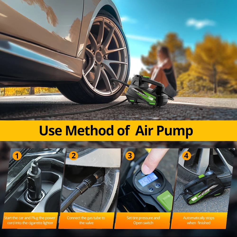 `CARSUN Upgraded 12V Corded Air Compressor 150PSI Portable Electric Tire Inflator Fast Inflation LED CE for Car Moto Bike Balls`