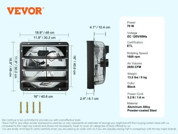 16'' Shutter Exhaust Fan, Temperature and Humidity Controls, 18.9 x 18.9 inch, 2650 CFM, ETL Listed, 120V/60Hz, 70W, Black