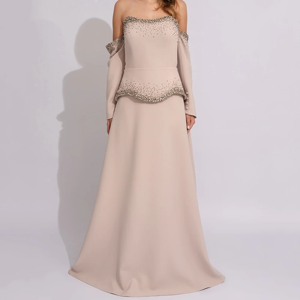 

Customized Mermaid Evening Dresses Floor-length Off The Shoulder Full Sleeve Prom Gown Fashion Crystal Beading Draped Party Gown