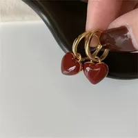 Simple Design Wine Red Love Heart Dangle Earrings For Women Gold Color Circle Vintage Peach Drop Earring Can Be Separated