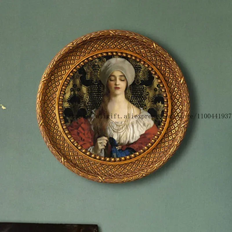 

European Style Wall Hanging Resin Photo Frame, Round Retro Mirror Embossed Imitation Wood Gold Oil Painting Frame
