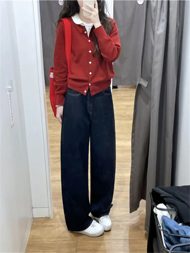 

Retro American Deep Blue Straight Leg Jeans Women's High Waist Slim Fit Extended Length plus Size Autumn Season Fashion