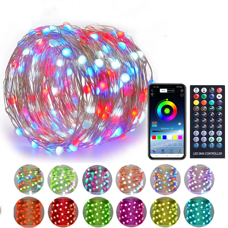 Tirvose-Luzes de Natal com controlo inteligente para aplicações, telecomando USB, BT Fairy Garland, luz para festa, casamento, decoração de Natal, 5m, 10m, 20m