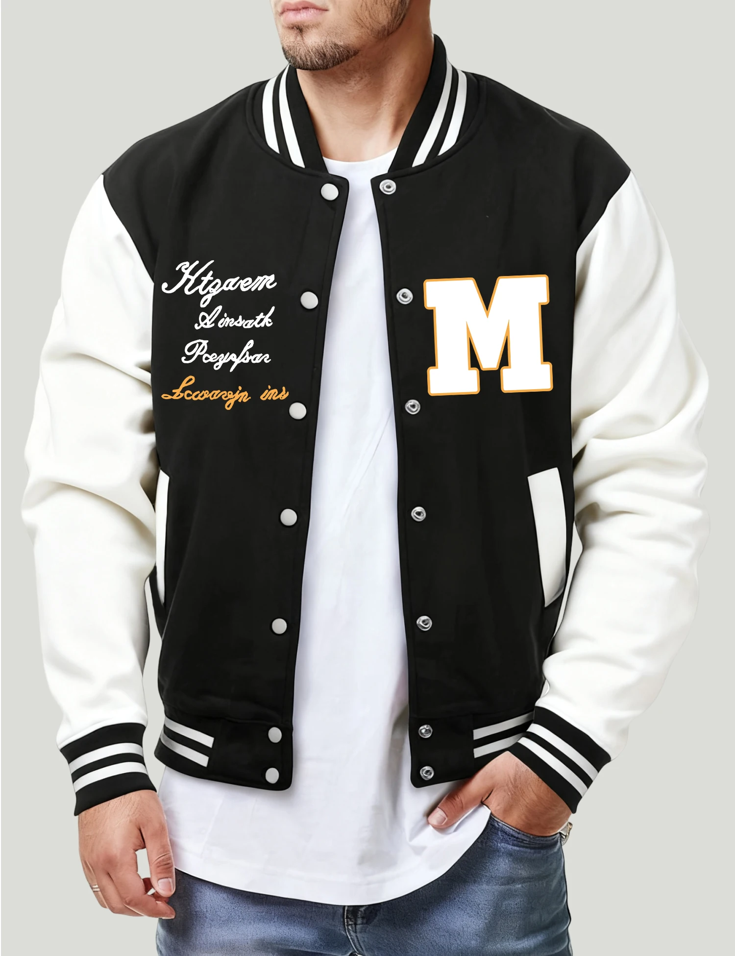 Artistic Letters And M Print Baseball Jersey Male Fashion Button Top Vintage Loose Jacket Unisex Fleece Soft All-Match Clothing