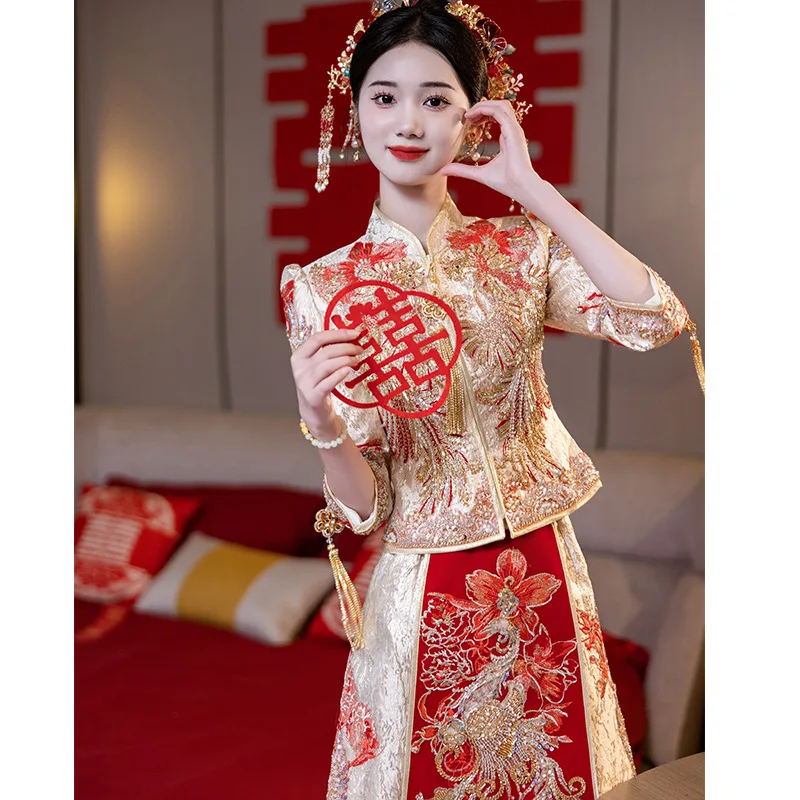 Xiuhe clothing, wedding dress, bride's new Chinese style toasting attire, out of court attire, wedding dress slimming appearance