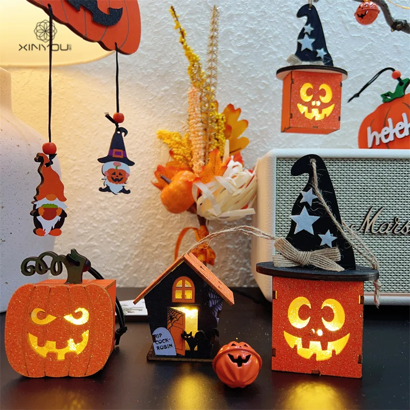 Halloween Pumpkin Wooden Night Light - Spooky Party Mood Ambient Glow for Tabletop Decor & Photo Prop