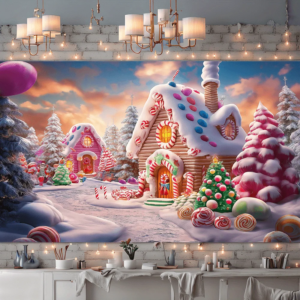 2D flat, 1 large candy house village background - winter wonderland gingerbread house, candy tree, chewing gum machine