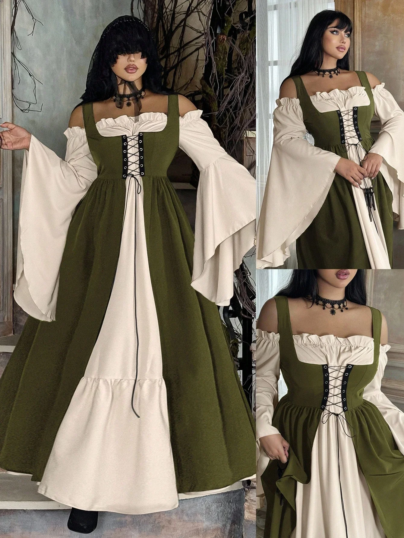 

Off Shoulder Long Sleeve Flare Sleeve Ruffle Vintage Colorblock Elegant Dress