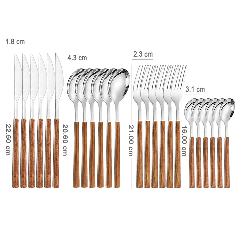 24pcs Stainless Steel Cutlery Sets Full Dinner Set Complete Tableware Fashionable Knife Fork Tea Spoon Imitation Wooden Handle