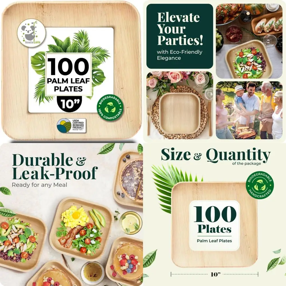 

Disposable Bamboo Square 10 Inch Palm Leaf Plates Bulk Party Pack Elegant Sturdy Design Better Than Paper and Plastic for Eco-Fr