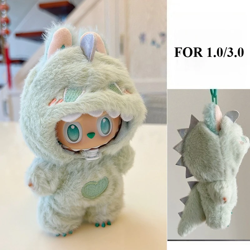 Cute Pink Dinosaur Clothes for Labubu V1 V3 with Plush Conjoined Dinosaur Set Suit for Ladbubu Dolls Accessories Christmas Gift