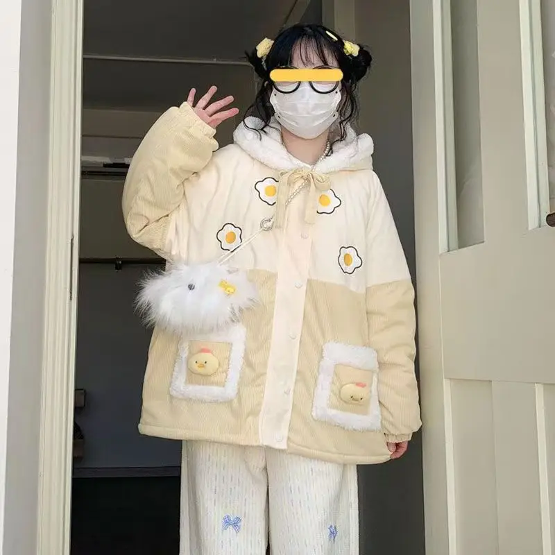 Corduroys Coat Female 2024 Winter New Fashion Plus Velvet Cotton-padded Coat Stitching Cute Soft Sister Loose Cotton-padded Coat