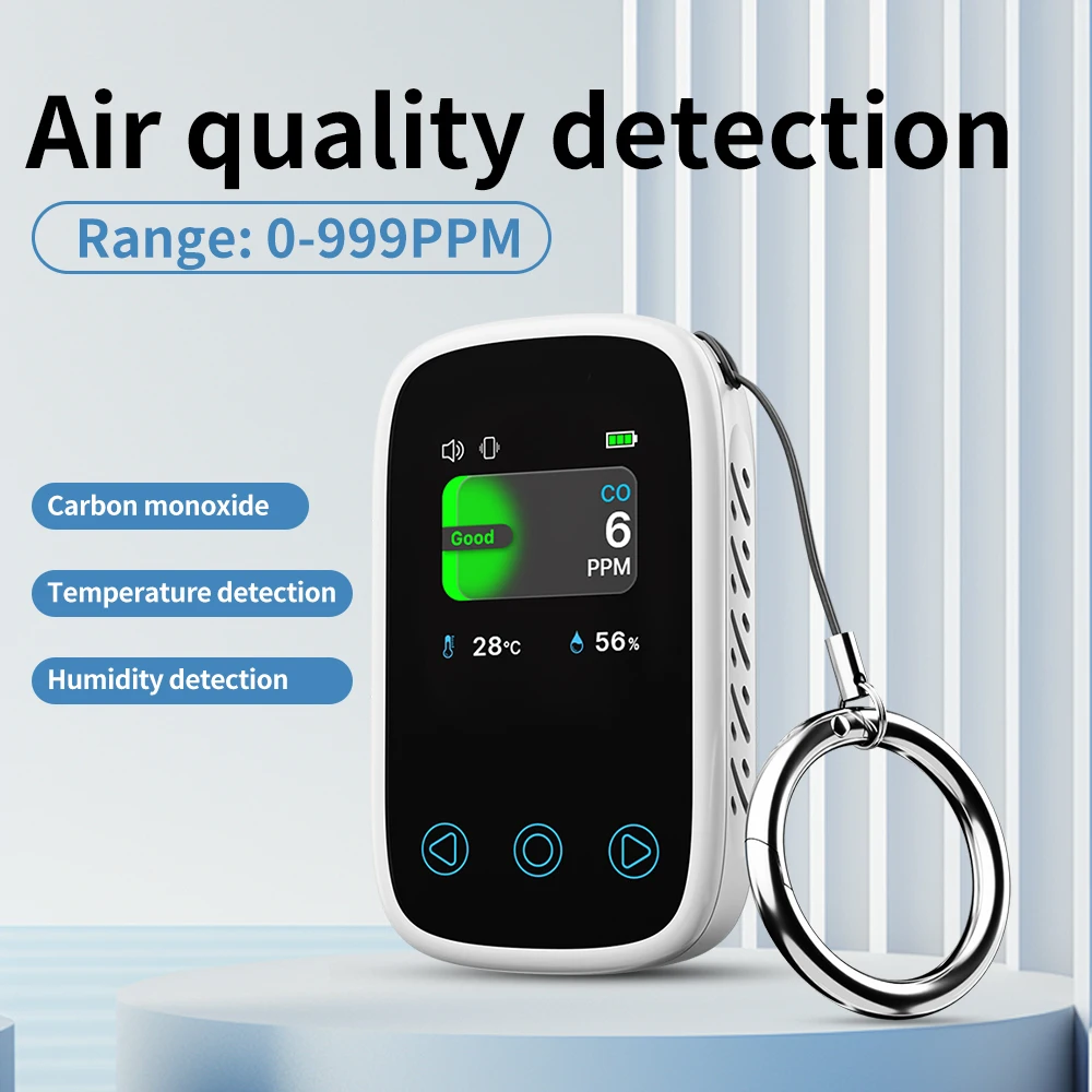 Mini probador calidad aire 3 en 1 mide CO, temperatura y humedad