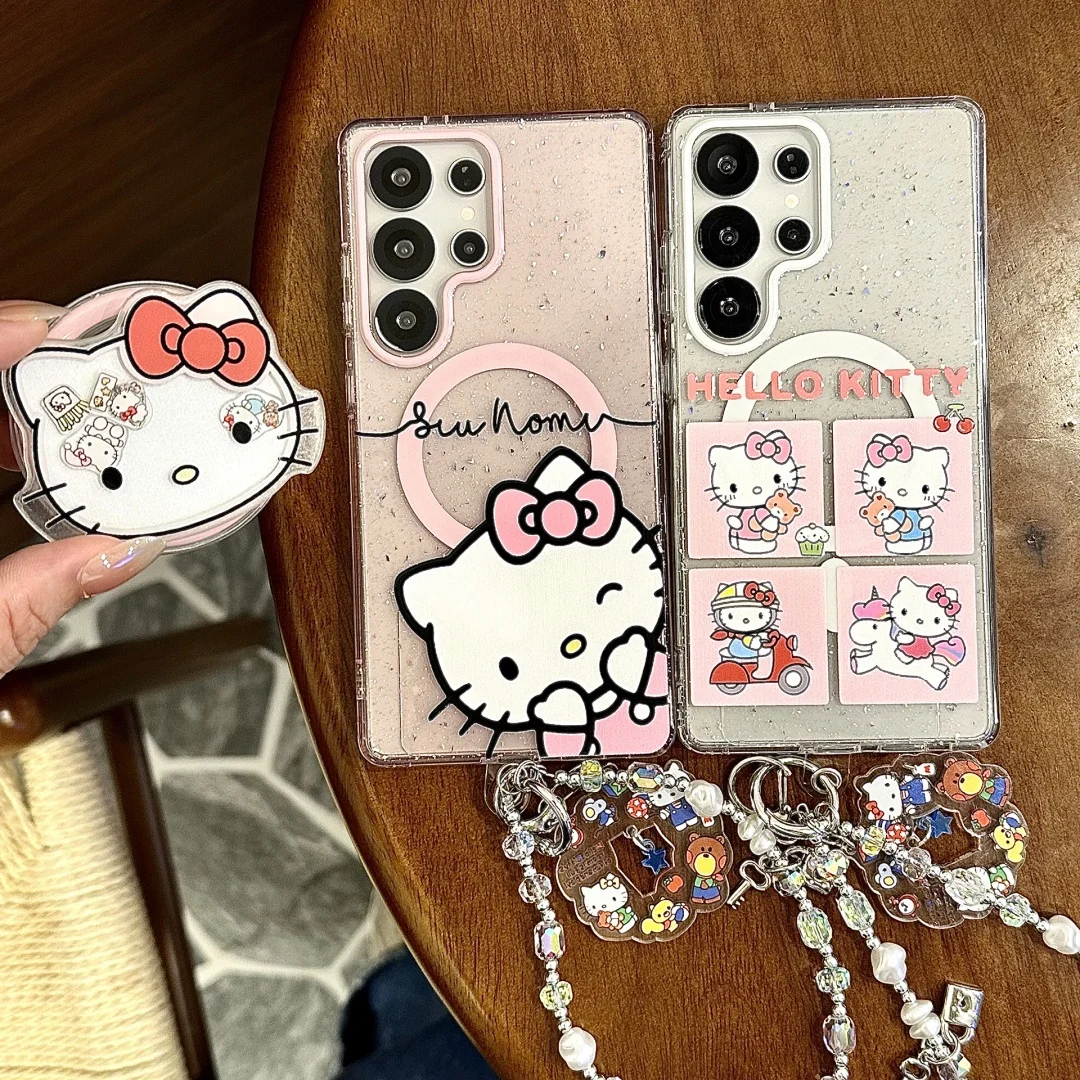 Lovely illustration Hello Kitty Magnetic holder Magsafe Wireless Charge Case For Samsung Galaxy S25 Ultra S24 Plus S23 FE Cover
