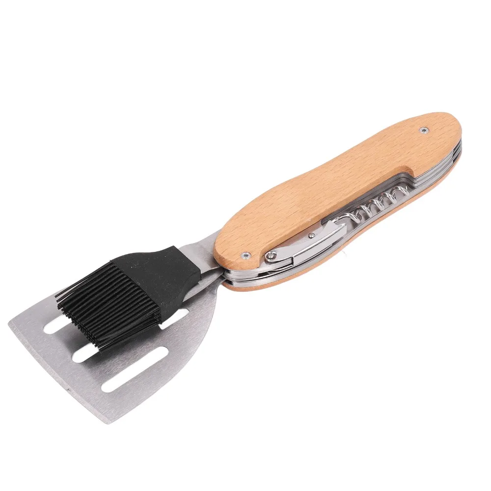 Stainless Steel Composite Wood BBQ Tool Set Silver Wooden Color Black 5 in 1 Grill Combo Set Multifunctional Portable