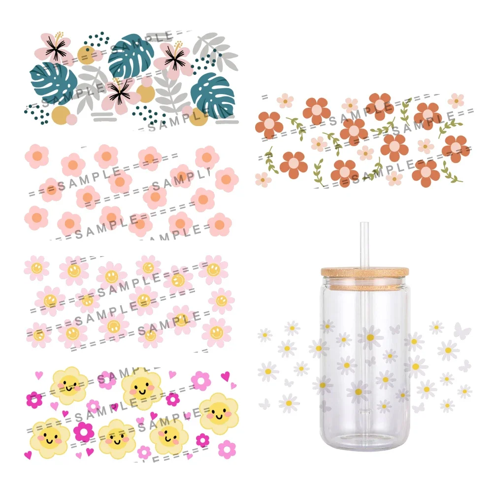 Colorful Small Flowers Pattern UV DTF Wraps Transfer Sticker DIY For 16oz Libbey Glass Cup Waterproof Wrap Transfers Decals Cup