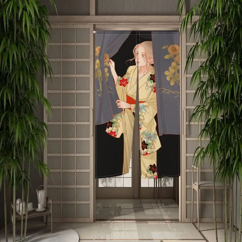 VIKAMA Japanese Noren Geisha Kimono Floral Beauty Print Rod Pocket Single Door Curtain Home Restaurant Partition Decor Drapes