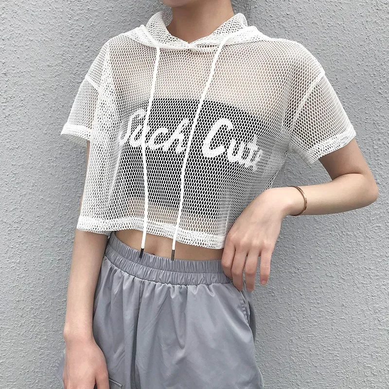 Street Style Fishnet Holes T Shirt See Through Hollow Out Hooded Full Sleeve Crop Top Women Casual Loose Shirt Smock Fall