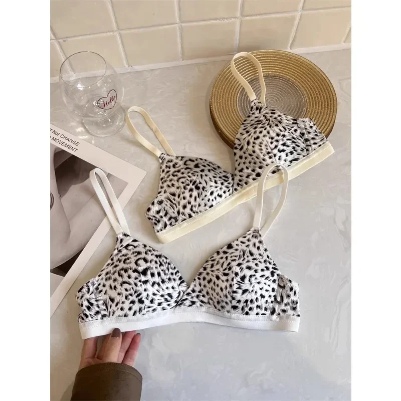 Kalapaopao Leopard Print Bra Comfort Simple Bra Pride Bras Gather Push-up Bra Deep V Lock Edge Underwear